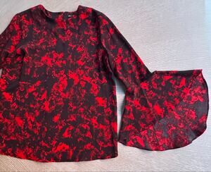Olivia & Grace Red & Black Whimsigoth Floral Bell Sleeve Blouse Sz XS Romantic